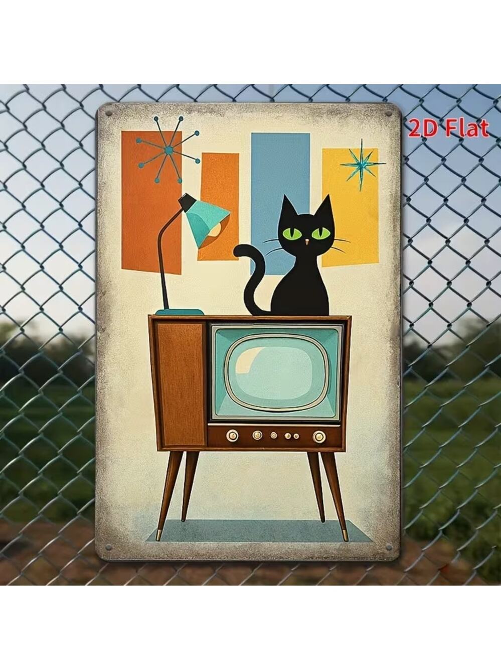 Cool Cat Wall Sign Flat, Metal Plate Midcentury Atomic Cat Lounge Black Decor